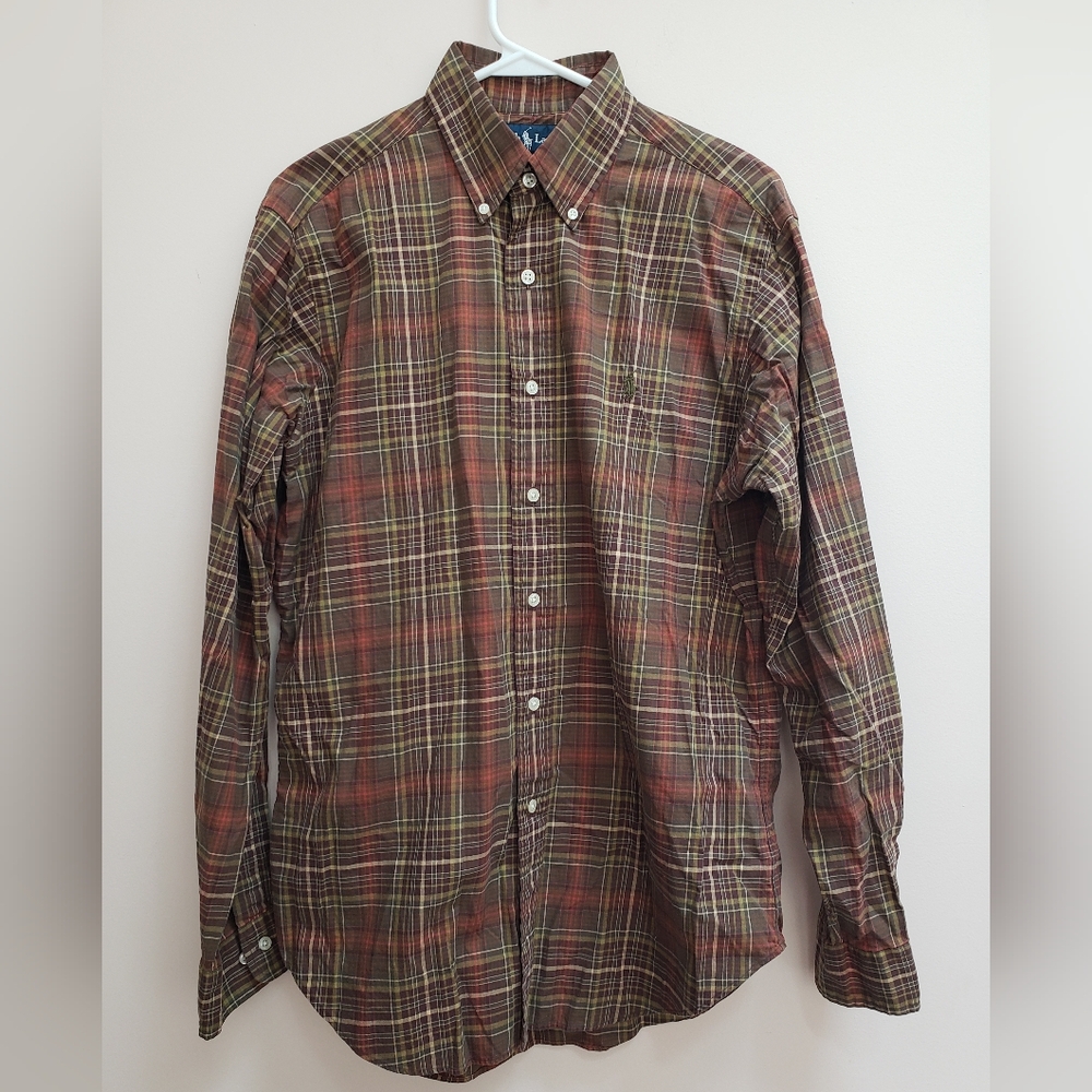 Ralph Lauren Classic Fit Brown Plaid Button Down Shirt, Size Medium